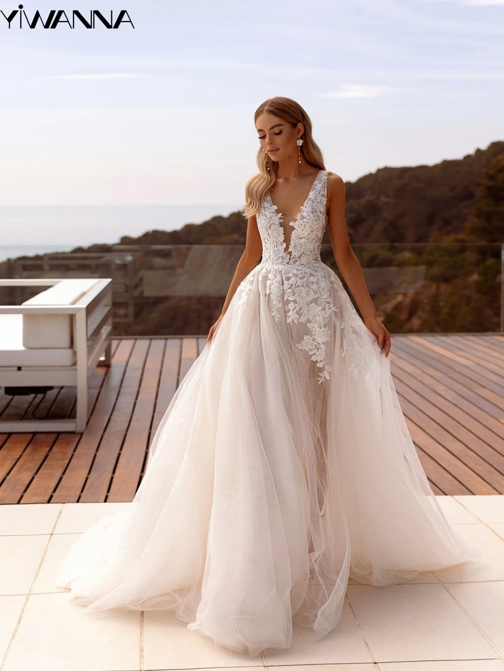 

Sexy Deep V-neck Backless Wedding Dress Sparkly Pearls Sequins Bridal Gown Elegant Appliques A-line Bride Robe Vestidos De Novia