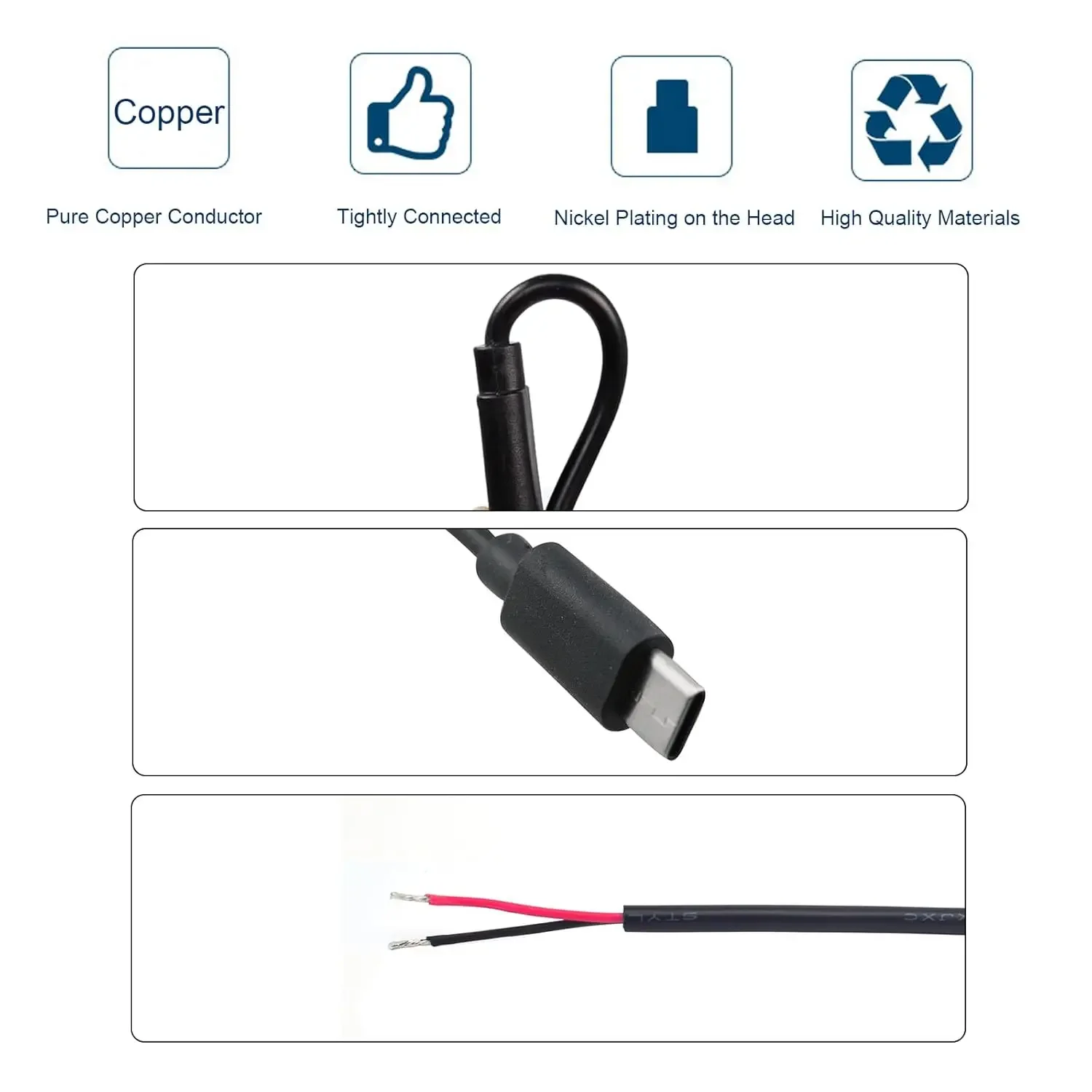 USB C 장비용 DIY 24AWG USB 타입 C 남성 피그테일 5V 3A 싱글 USB C - 2핀 베어 와이어 오픈 엔드 케이블 코드 0.3/1M