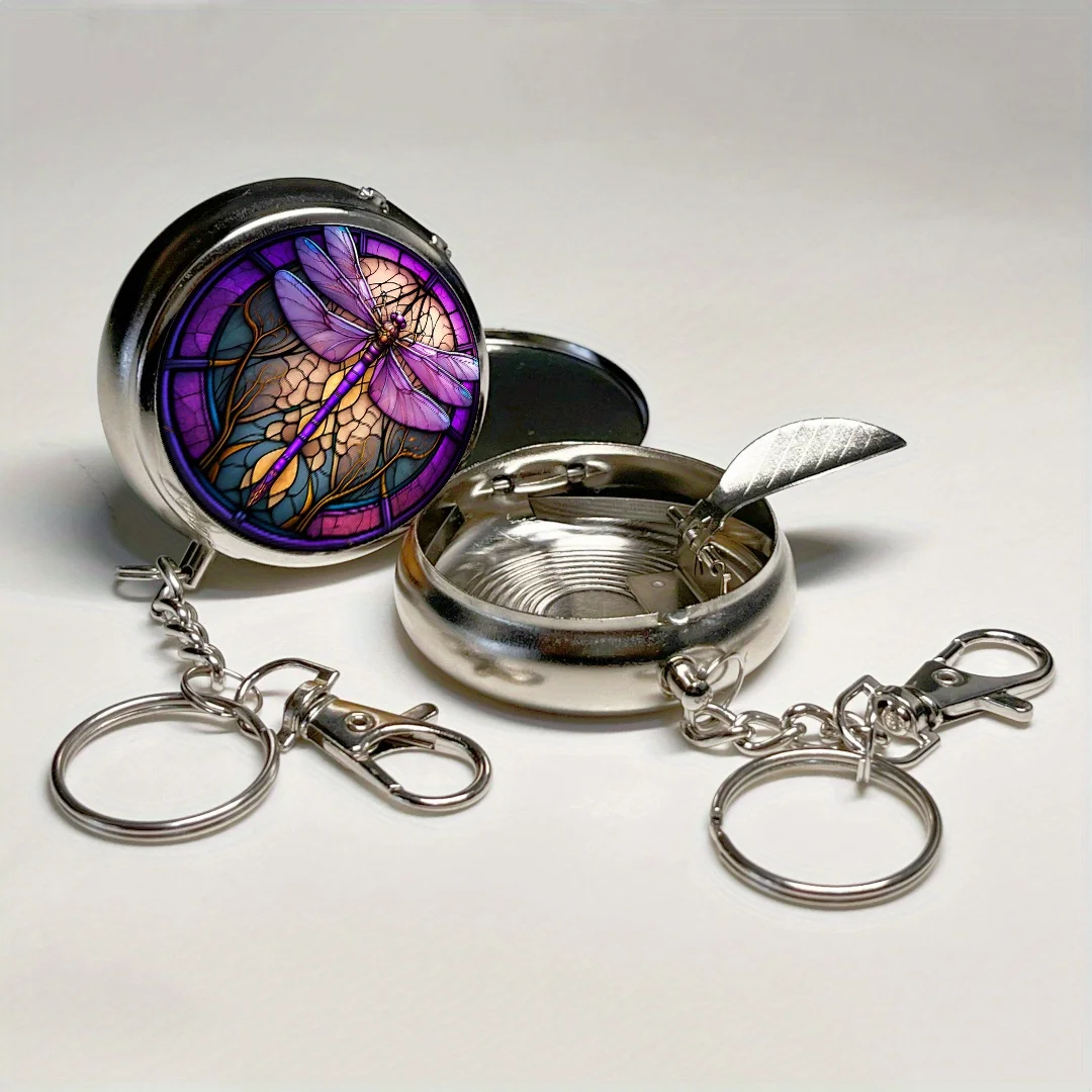 Dragonfly Design Ashtray Creative Ashtray Mini Portable Ashtray with Lid Keychain Stainless Steel Travel Ashtray Storage Box portable ashtray cigarettes ashtray silicone ashtray stainless steel ashtray metal ashtray
