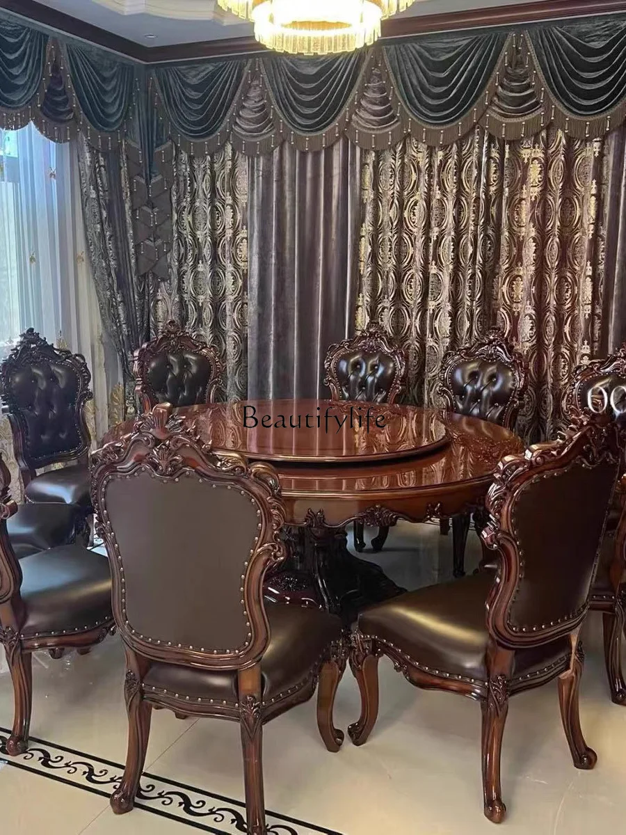 

European-Style Solid Wood Dining Tables and Chairs Neoclassical Villa Living Room Luxury Carved Dark Color