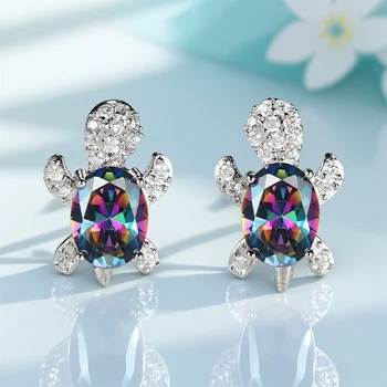 Rainbow Zircon Oval Stone Cute Sea Turtle Stud Earrings For Women Classic Silver Color Wedding Earring Versatile Jewelry Gifts