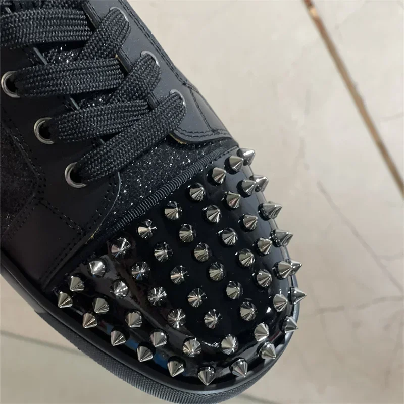 Luxury Brand Leisure Style Red Sole Low Top Rivets Shoes For Men's Casual Flat Loafers Women's Round Toe Lace Up Zipper Sneakers 6