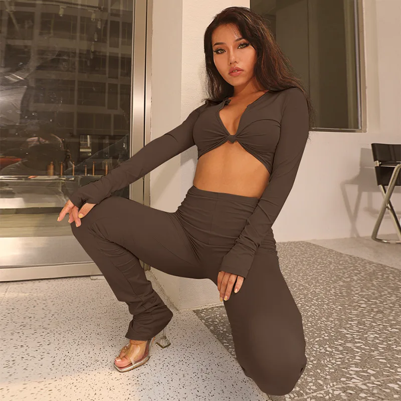 Echoine Solid Wrap Vneck Long Sleeve Cropped Top Legging Pants Set Two