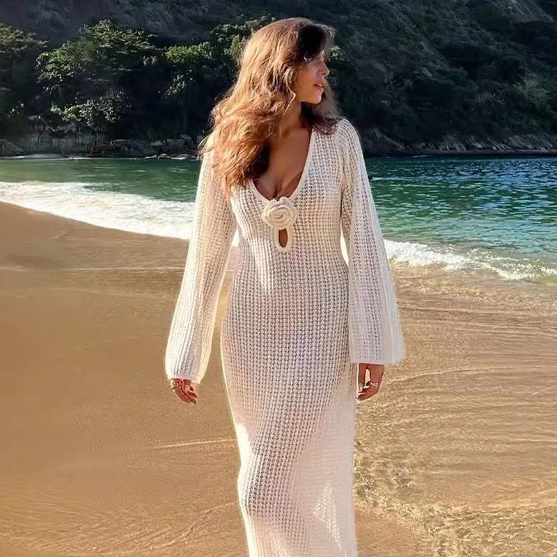 2024 Summer Elegant Knitted Hollow Out Floral Beachwear Dress Women Sexy V Neck Long Sleeve See Through Backless Vacation Robe