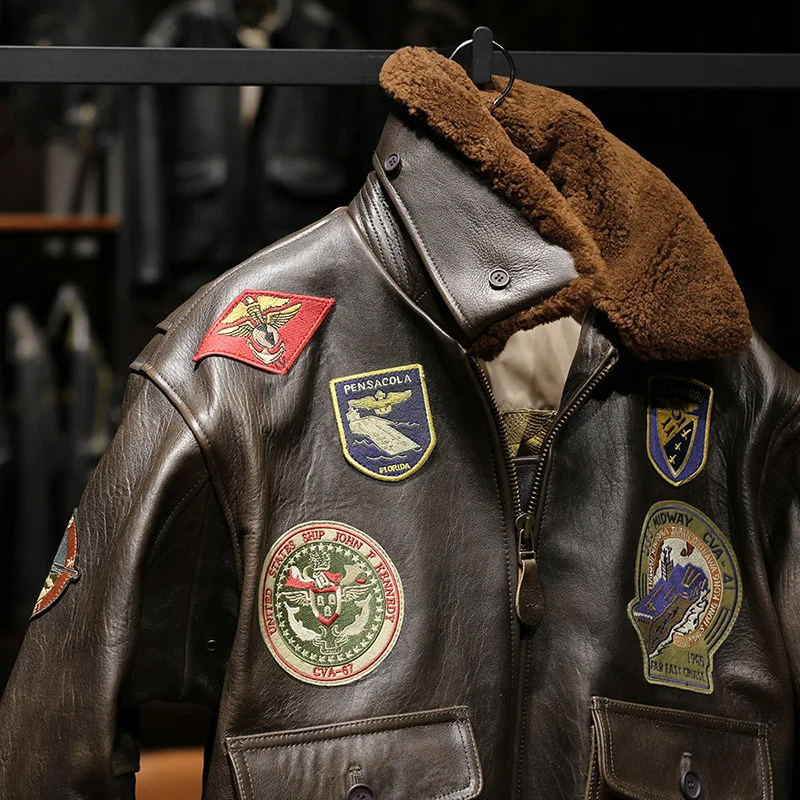 G1 Klassische Vintage Aviator Bomber Jacken Männer Plus Größe Stickerei Outdoor Dicke Echte Schaffell Leder Kleidung – Detail 22