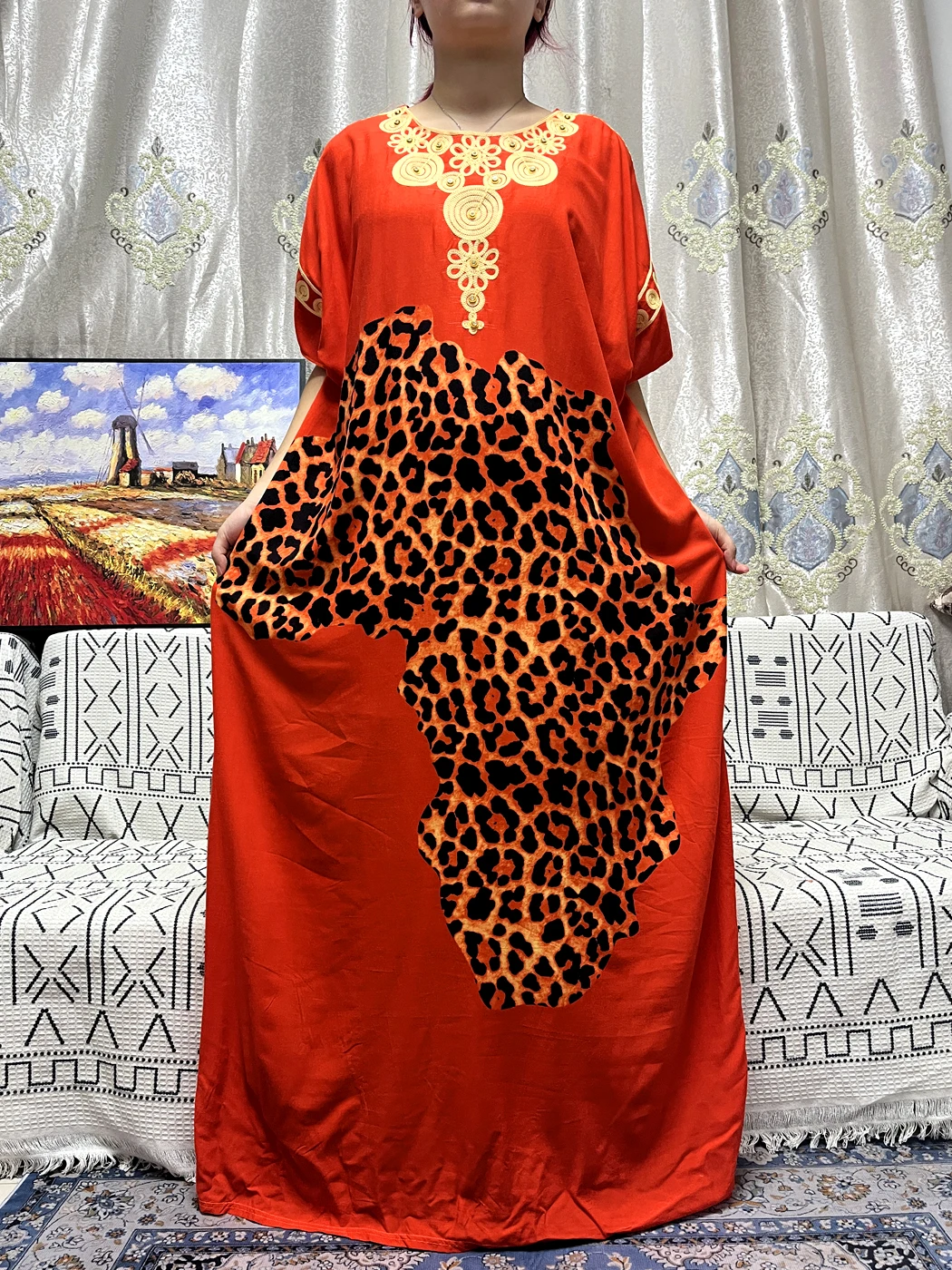 Muslim Abayas For Women 2023 New Pure Leopard Print Cotton Appliques Loose Fit Femme Robe African Traditional Dress With Turban