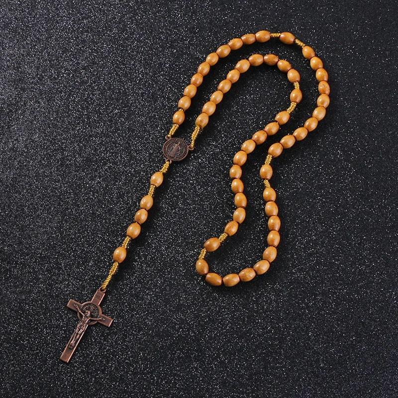 Handmade Weave Saint Benedict Medal Antique Wooden Rosary Cross Car Ornament Vintage Catholic Religious Jesus Auto Decor images - 6