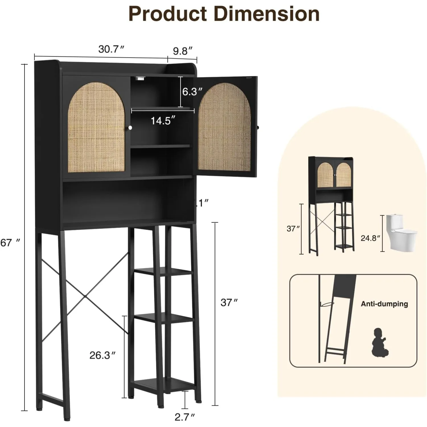 Vabches Over-the-Toilet Storage Cabinet with Rattan Doors & Metal Stand, 67" 2