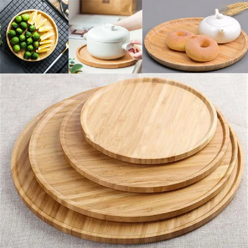 Wooden Round Serving Platter Tray Pizza Salad Plate Wooden Breakfast Food Fruits Bread Dessert Container Tea Mat Snacks Dish