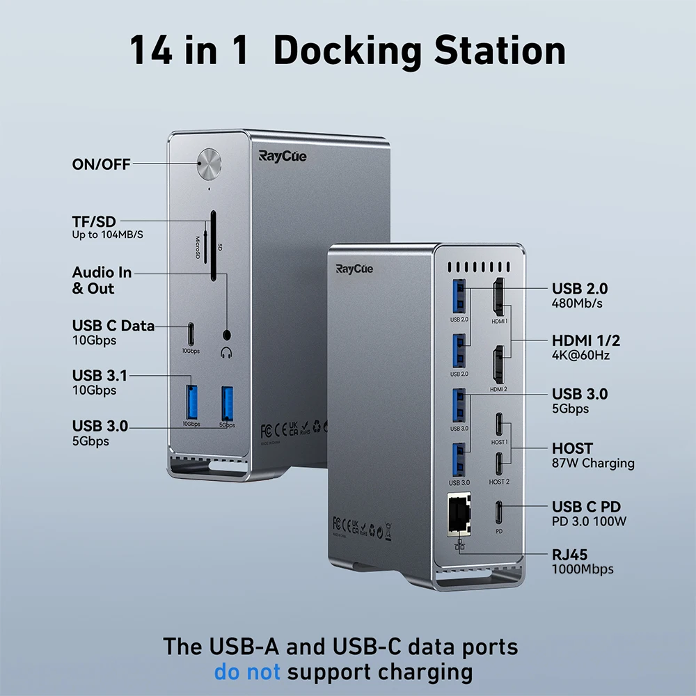RayCue USB C 도킹 스테이션, 듀얼 HDMI 호환, 4K USB 3.2, 2 세대 이더넷, 100W PD USB 허브, SD/TF, 맥북 프로 M1 M2 프로용