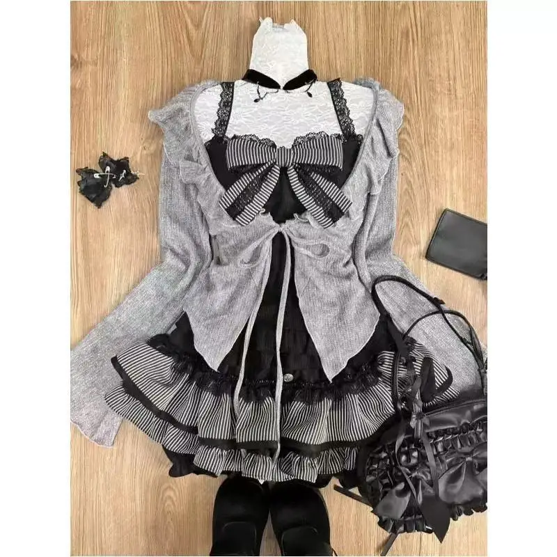 Japanese Vintage-Inspired Retro Lace Camisole Dress and Black Cardigan Set - Chic & Elegant Fashion