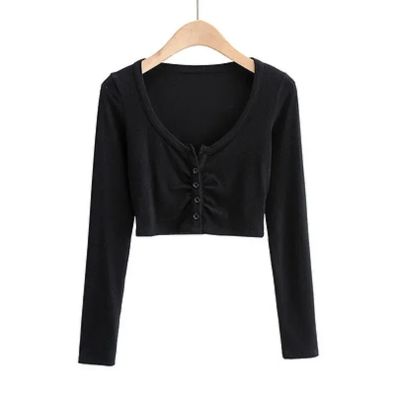 Slim V-neck Long Sleeve Bottomed Womens Tops And Blouses High Street Solid Color Open Navel Cardigan