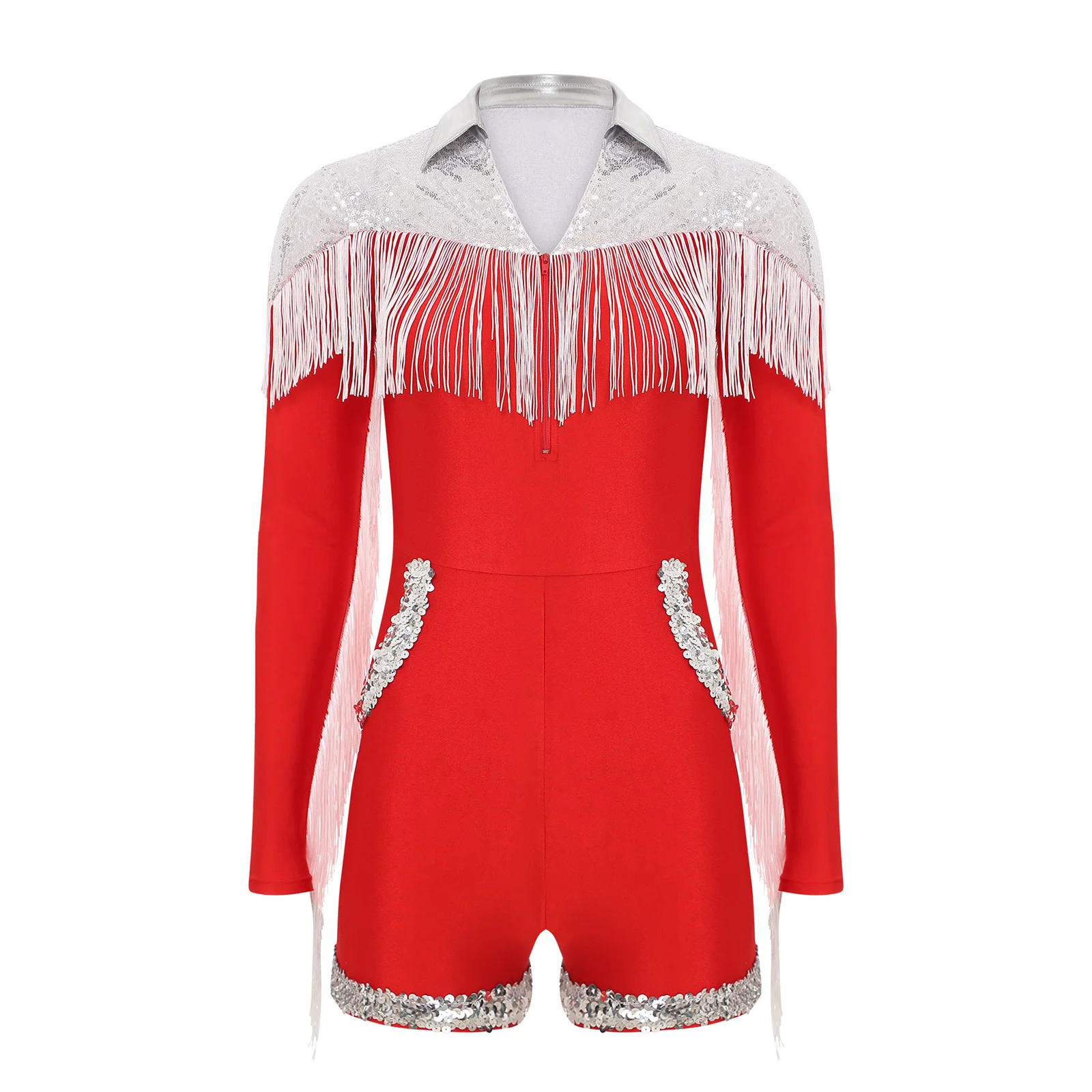 Women Western Cowgirl Cosplay Costume 70s Disco Dance Leotard Long Sleeve Tassel Shiny Sequins Bodysuit for Halloween Carnival
