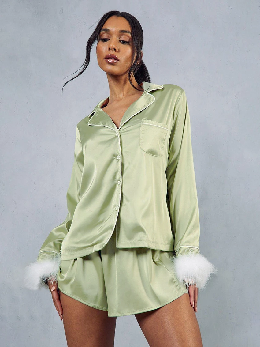 

Marthaqiqi Feathers Women Sleepwear Set Long Sleeve Nightwear Sexy Turn-Down Collar Nightgowns Shorts Causal Ladies Pajamas Suit