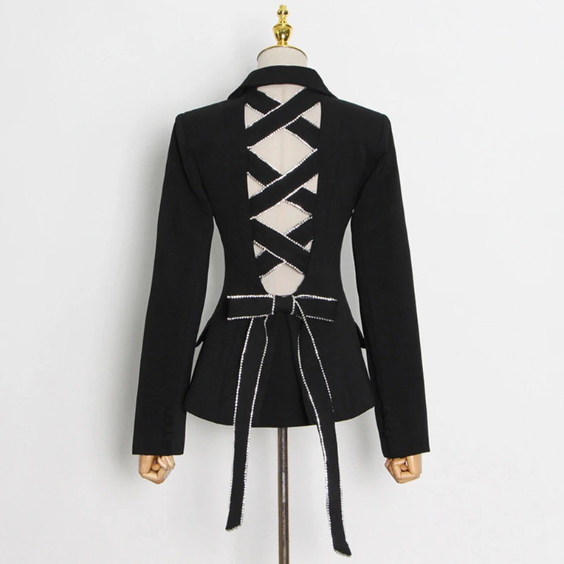 

Fashionable Slim Fit Strappy Women Suit Jacket Spring New V-neck Long Sleeved Inlaid Hollow Cross Coat