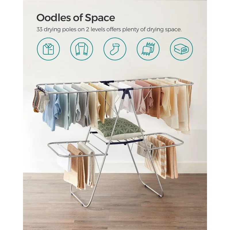 SONGMICS Clothes Drying Rack, Foldable 2-Level Laundry Drying Rack, Free-Standing Large, with Height-Adjustable Wings,Sock Clips 3