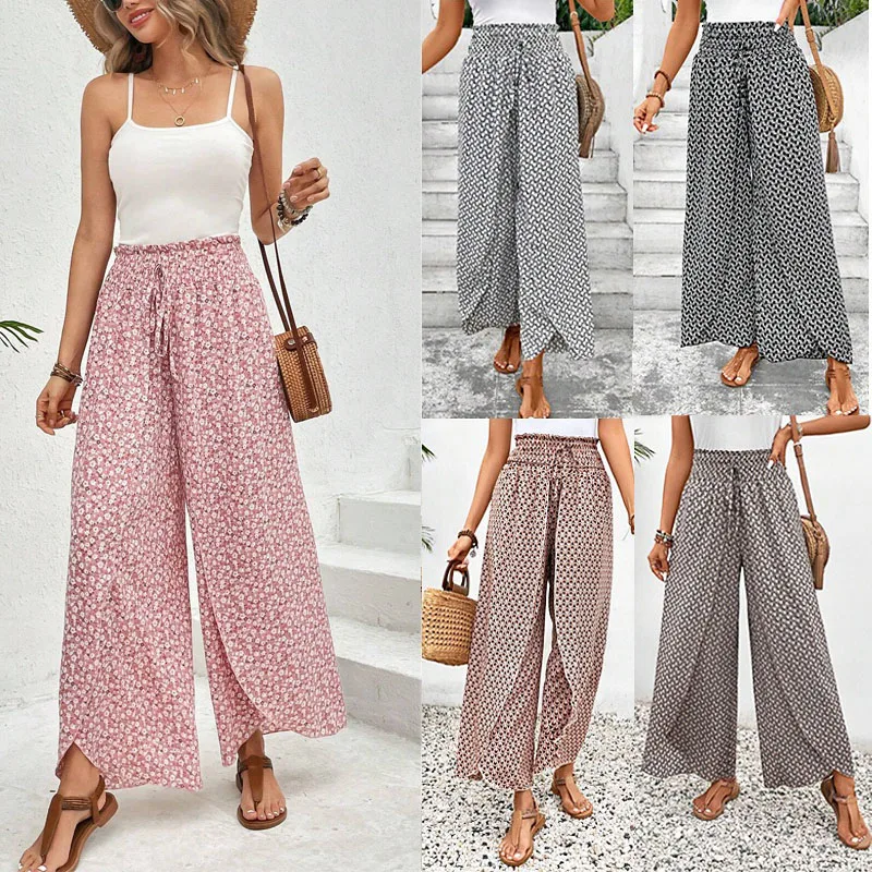 High-Waisted Floral Ruffle Detail Wide Leg Pants - Lightweight Polyester, Flowing | ChicGrl