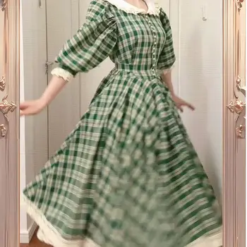 MAGOGO Abito verde retrò stile francese maxi taglia donna estate elegante abito lungo pieghettato scozzese a maniche corte in pizzo a bolle