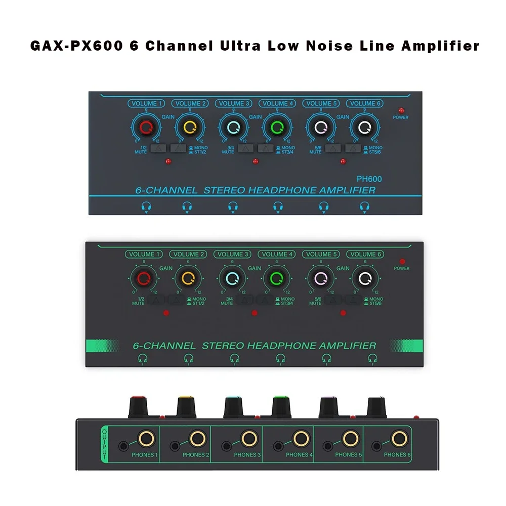 6 Channels Headphone Amplifier Independent Volume Control Compact Mini Earphone Splitter Stereo/Mono Switch for Studio Stage