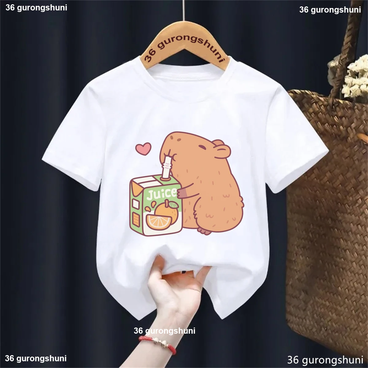 Cute Capybara Loves Orange Juice Printed T Shirt Girls/Boys Kawaii Kids Clothes Funny Solid Tshirt Summer Tops Fashion T-Shirt 3