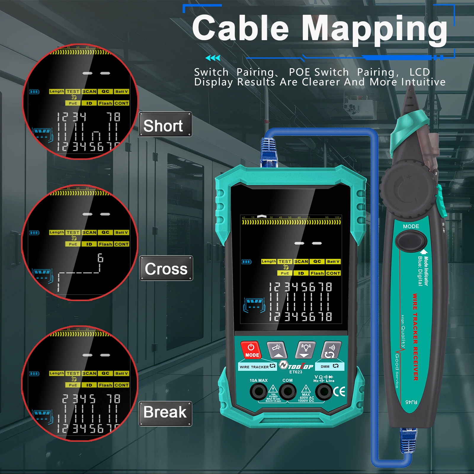 400M Network Cable Tester POE Test Cable Mapping AC/DC Multimeter Network Cable