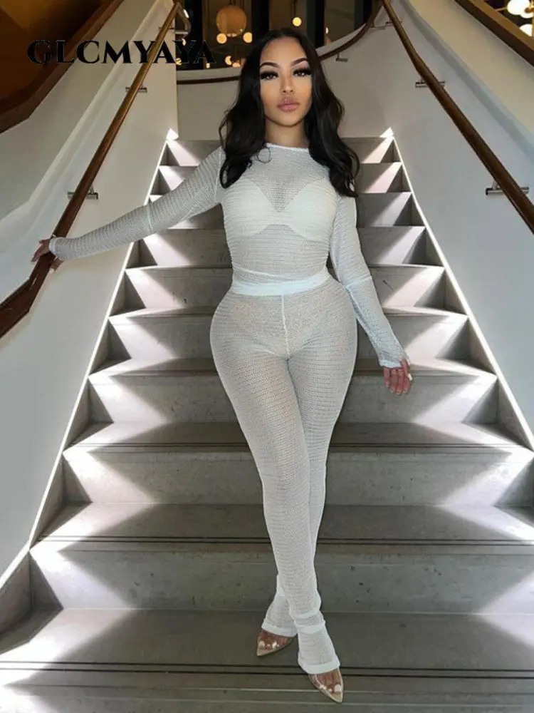 

GLCMYAYA Fashion Mesh See Though Women Pants Suit and Long Sleeve Outfit 2023 Female Street Tracksuit INS Sexy Two 2 Piece Set