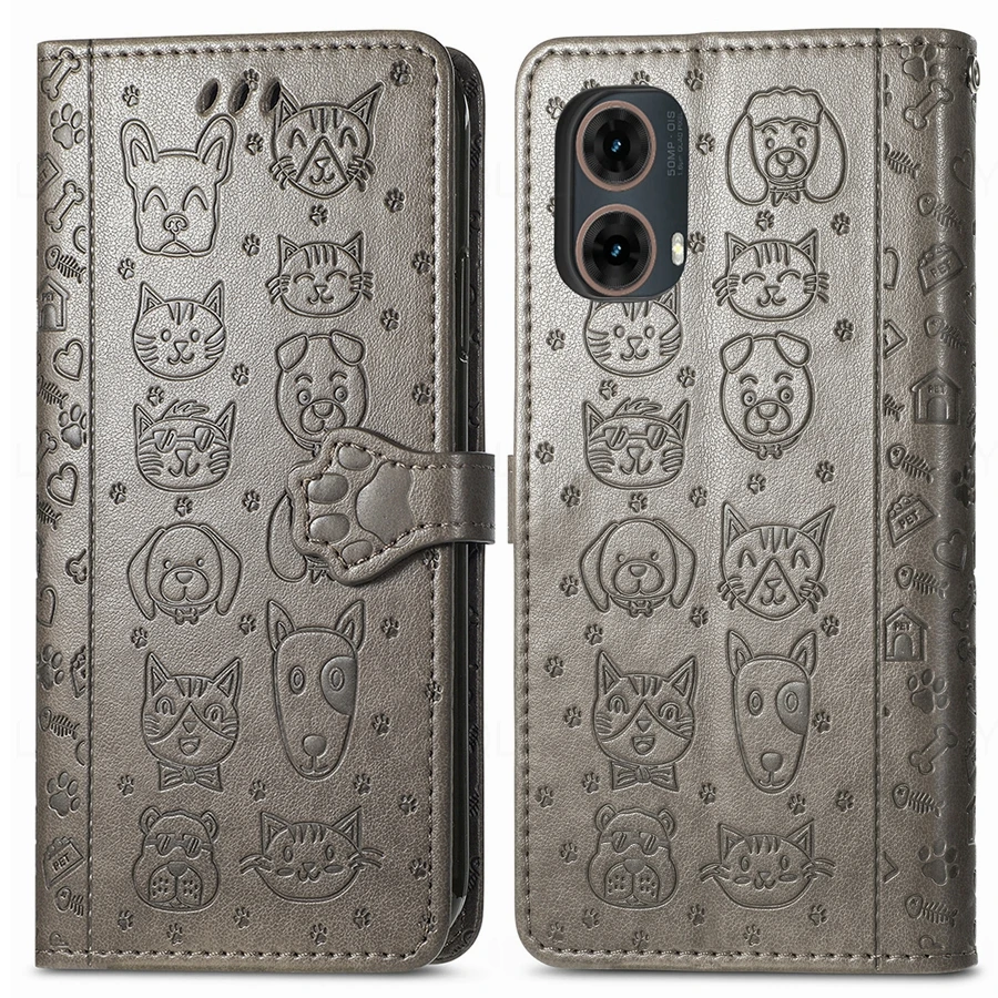 Leather Wallet Flip Case with Cat and Dog Design