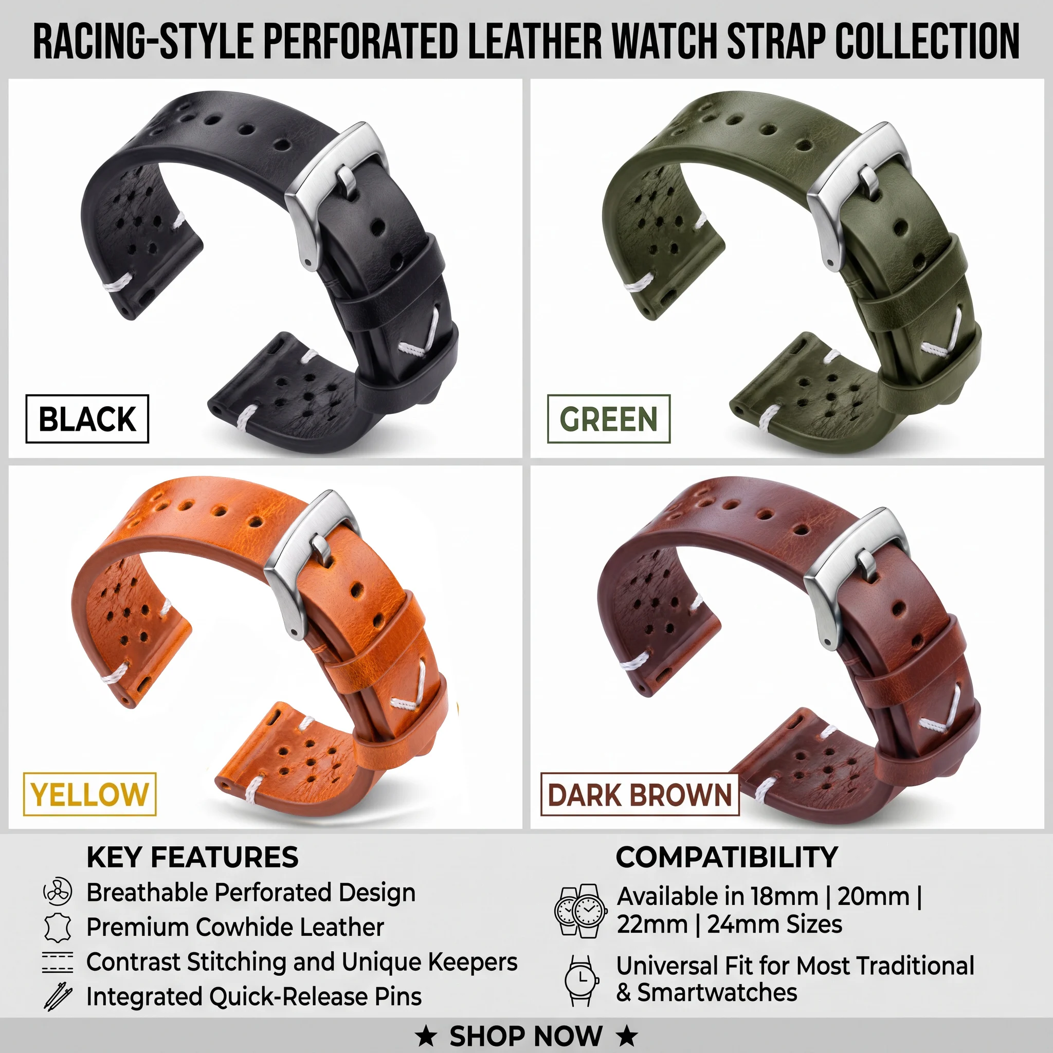 Handmade Cowhide Breathable Leather Watch Band - Available in Four Colors