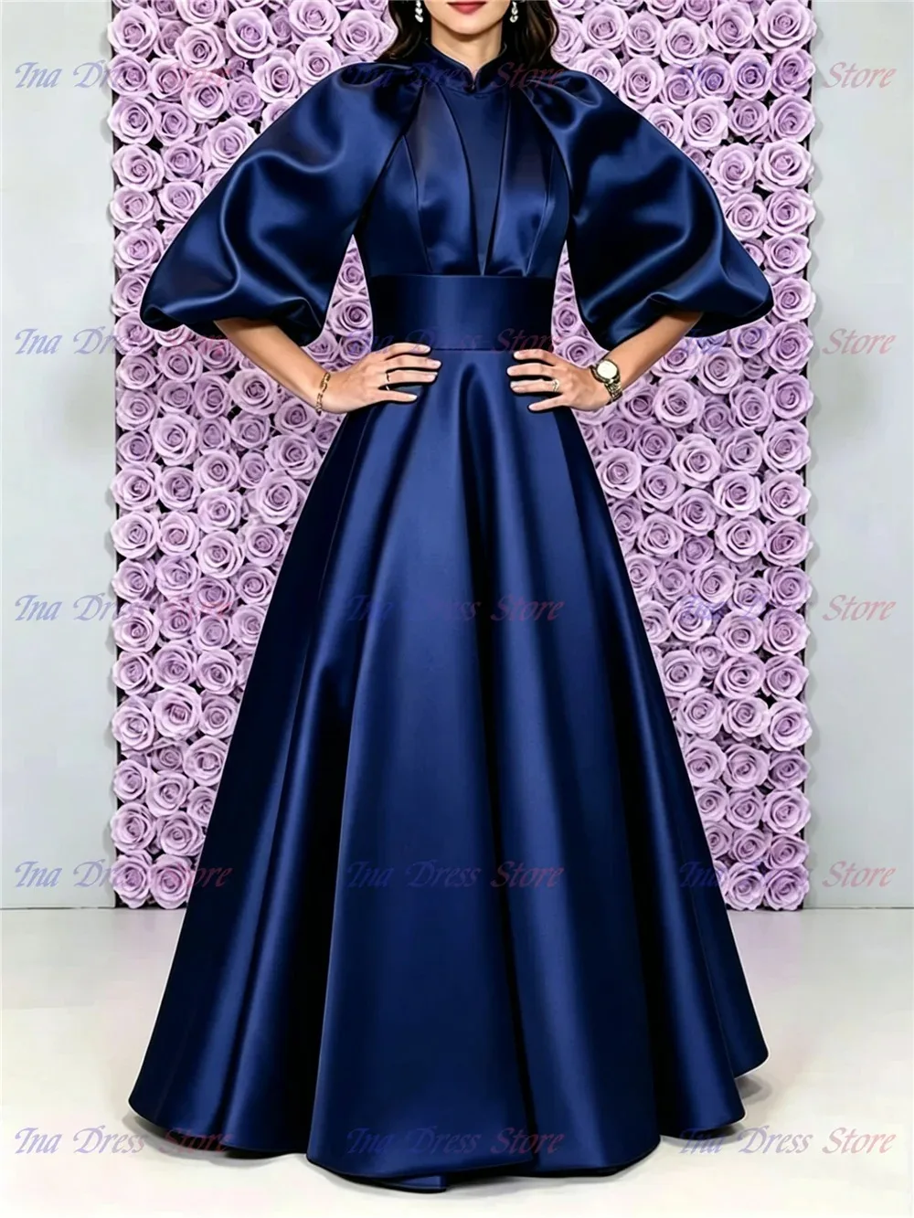 New Elegant Quality Satin Pleated Bridesmaid Dress for Wedding Vintage High Neck Balloon Sleeve Communion Party Evening Dresses - 6