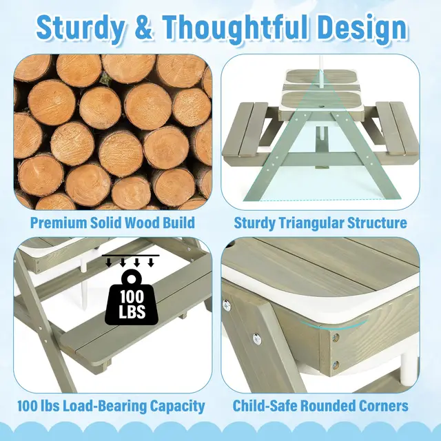 4 In 1 Kids Sand Water Table With Removable Weatherproof Umbrella Wooden Outdoor Picnic Table With 2 Covered Bins For Toddlers Sensory Table For Boys Girls