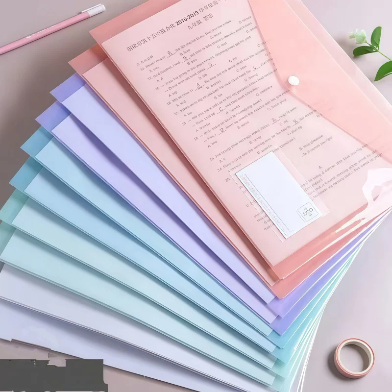 10pcs 투명 파일 가방 라벨 두꺼운 폴더 분류 버클 재료 가방 플라스틱 방수 A4 종이 보관 가방
