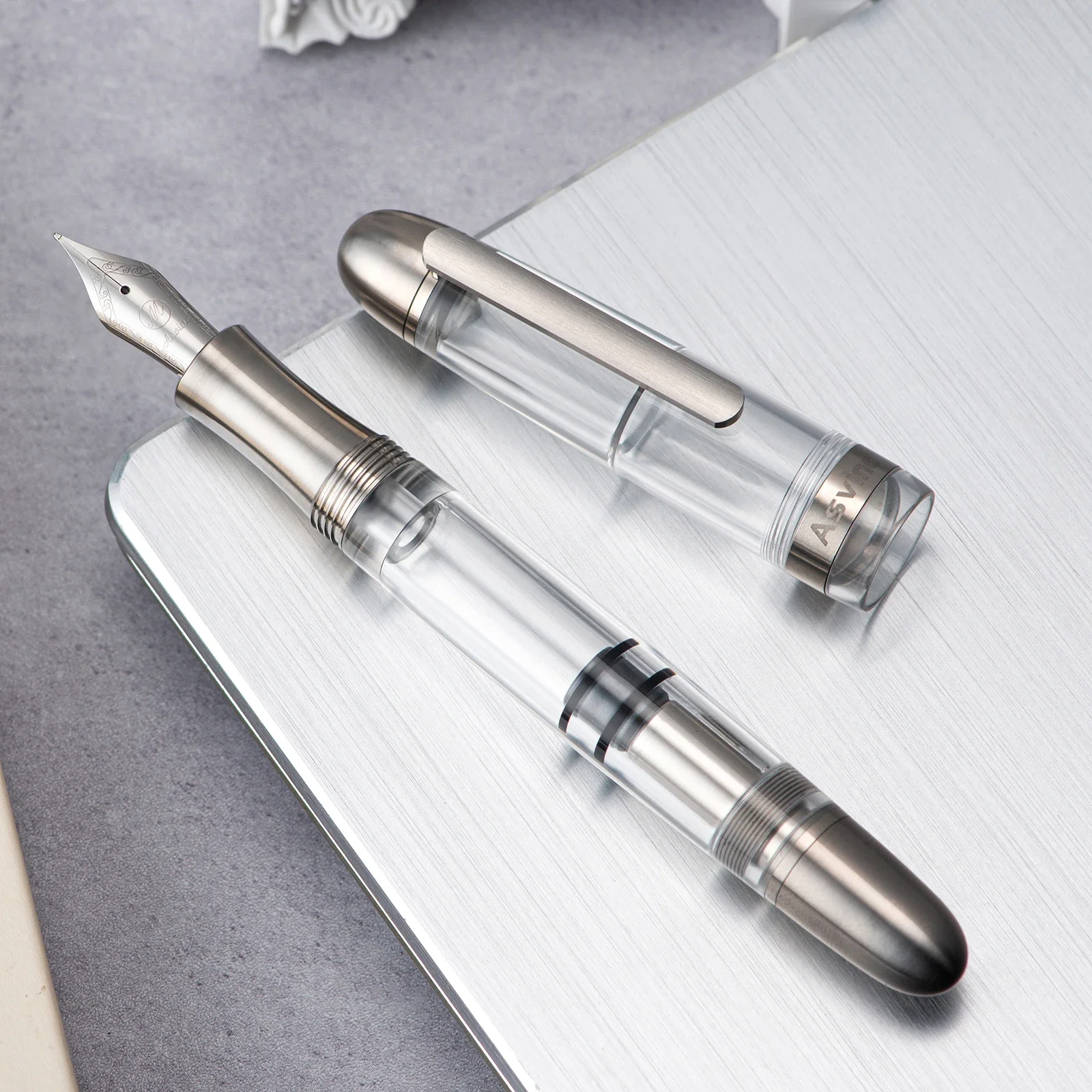 Asvine P36 Titanium Fountain Pen Piston Filling Bock / Asvine EF/F/M Nib, Acrylic Smooth Writing Office Gift Pen