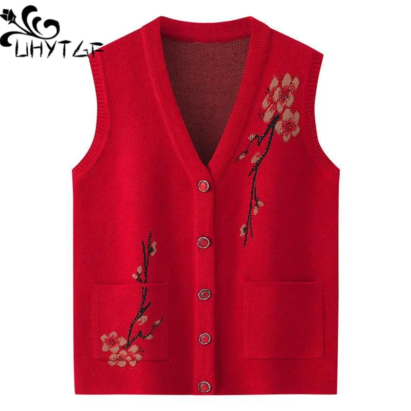 

UHYTGF Spring Autumn Sweater Vest Women's Middle Aged Elderly Mom Knitted Cardigans Jacket Sleeveless Waistcoat Coat Female 2309