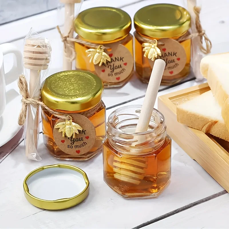 12 20 30 50 60Pcs Mini Honey Jars with Dipper Hexagonal Glass Honey Jars Glass Sugar Jars with Lids Kitchen Sealed Jars 1.5 2 3oz Various Capacity Options Bee Pendant Twine Card Tag Perfect for Baby Shower Gifts Wedding Gifts Party Favors