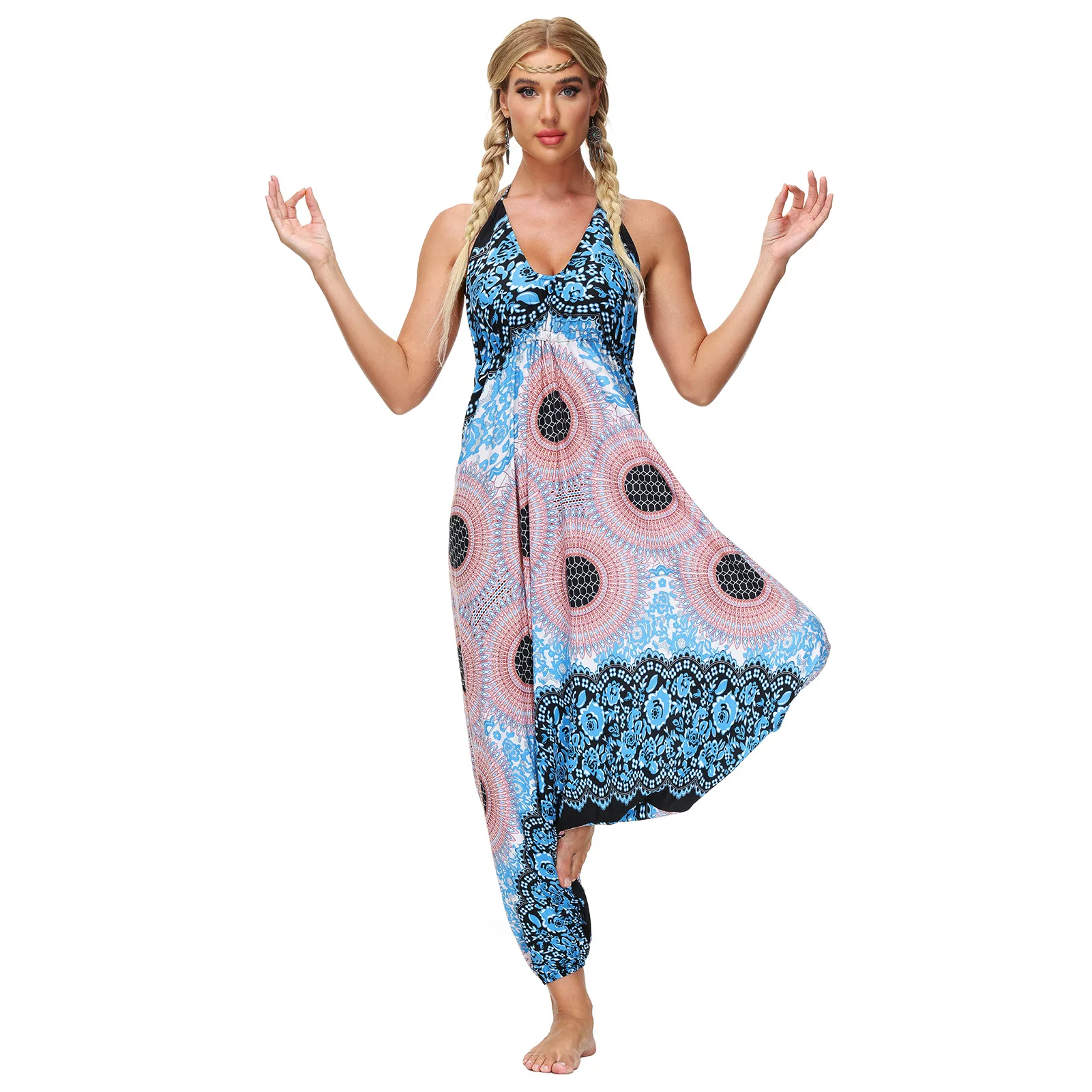 

Women Jumpsuits Summer Casual Loose Dance Hip Hop Indie Folk Print Backless Camis One Piece Rompers Outfits Harem Pants Overalls