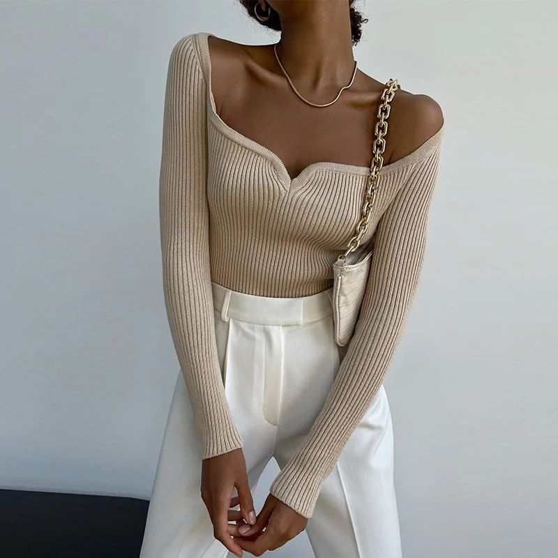 

RDMQ 2023 Women Autumn Winter Sexy Slim-Fit Tight Knitted Sweaters Pullover Tops New Square Collar Fashion Woman Knit Jumpers