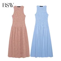 BSAY Dress for Women Fashion Summer New Plaid Fold Sleeveless O-neck Midi Vest Dresses French Chic Female Evening Clothing