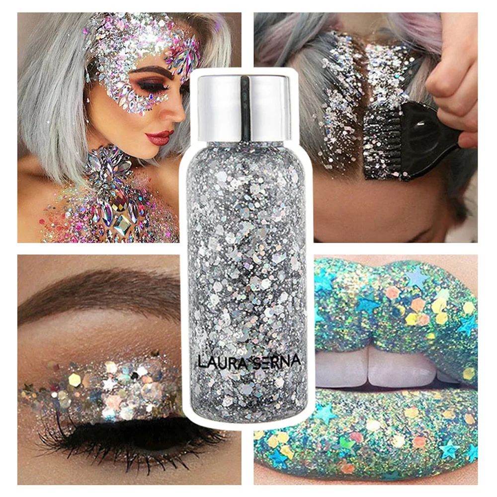 Festival Body Glitter Gel Face Eye Glitter Eyeshadow Holographic Cosmetic Laser Powder Chunky Nails Hair Glitter Bar Makeup 5