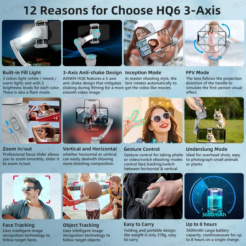 AXNEN HQ6 Gimbal for Smartphone, 3-Axis Handheld Gimbal