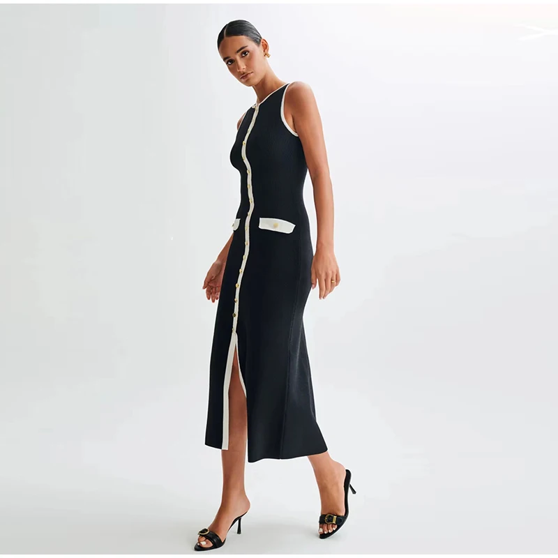 Elegant Single Breasted Knitted Maxi Dress Women Fashion O Neck Sleeveless Fake Pockets Dresses New Lady High Street Robes