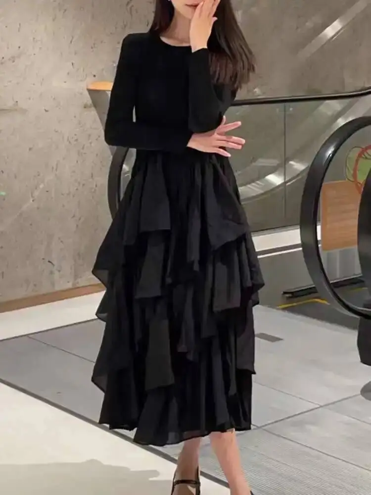 LANMREM Ruffles Pleated Dress Women's Round Neck Long Sleeves Layers Solid Color Stitching Party Clothing New Trendy 2DA2217 - Image 6