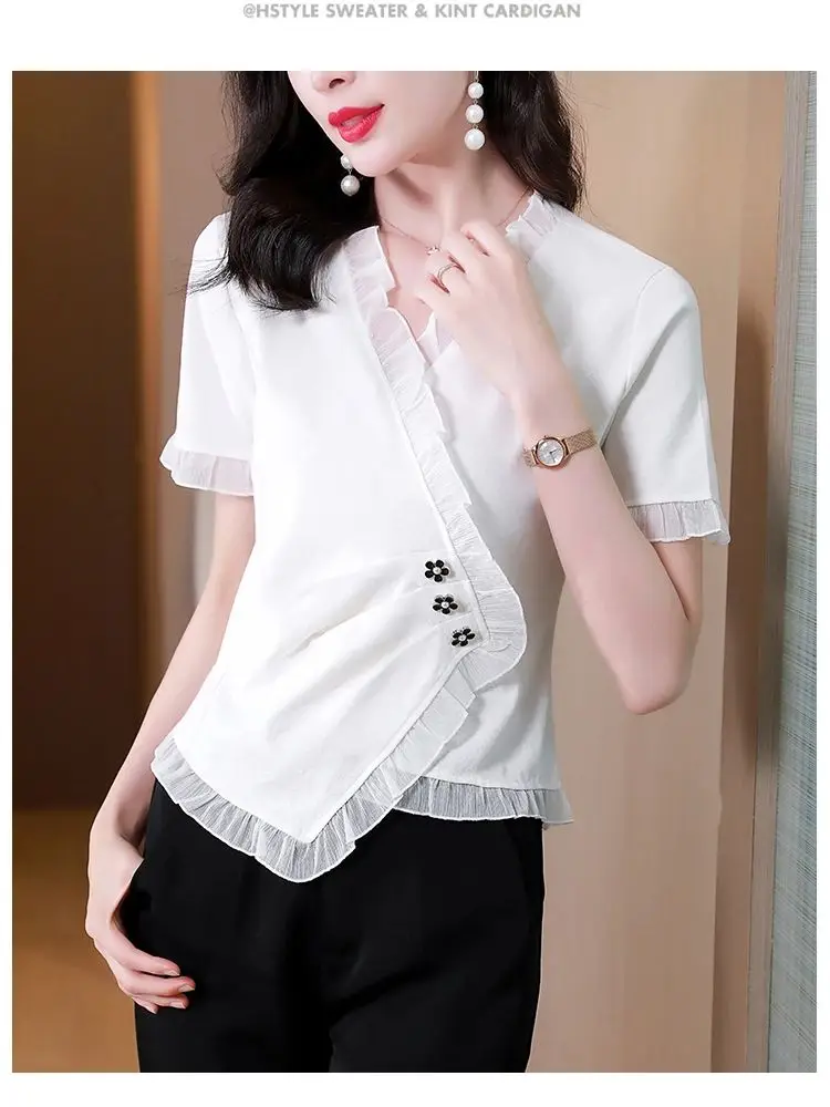 

Футболка женская Асимметричная с V-образным вырезом, стильная рубашка в Корейском стиле с перекрещивающимися книзу рукавами, одежда на лето, 2024