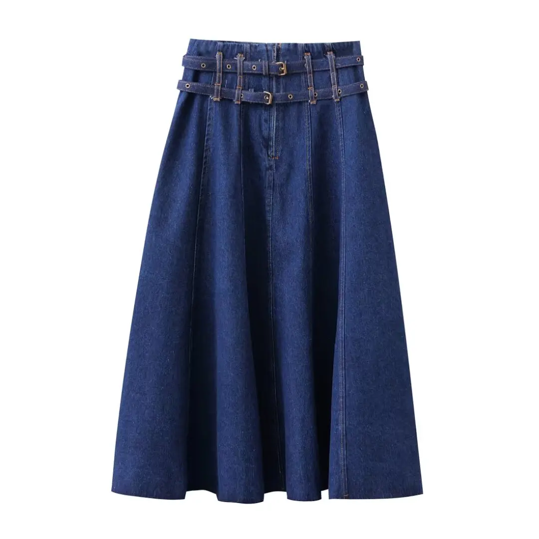 

Women New Fashion Double layered belt decoration Loose pleated Denim Midi Skirt Vintage High Waist Zipper Female Skirts Mujer