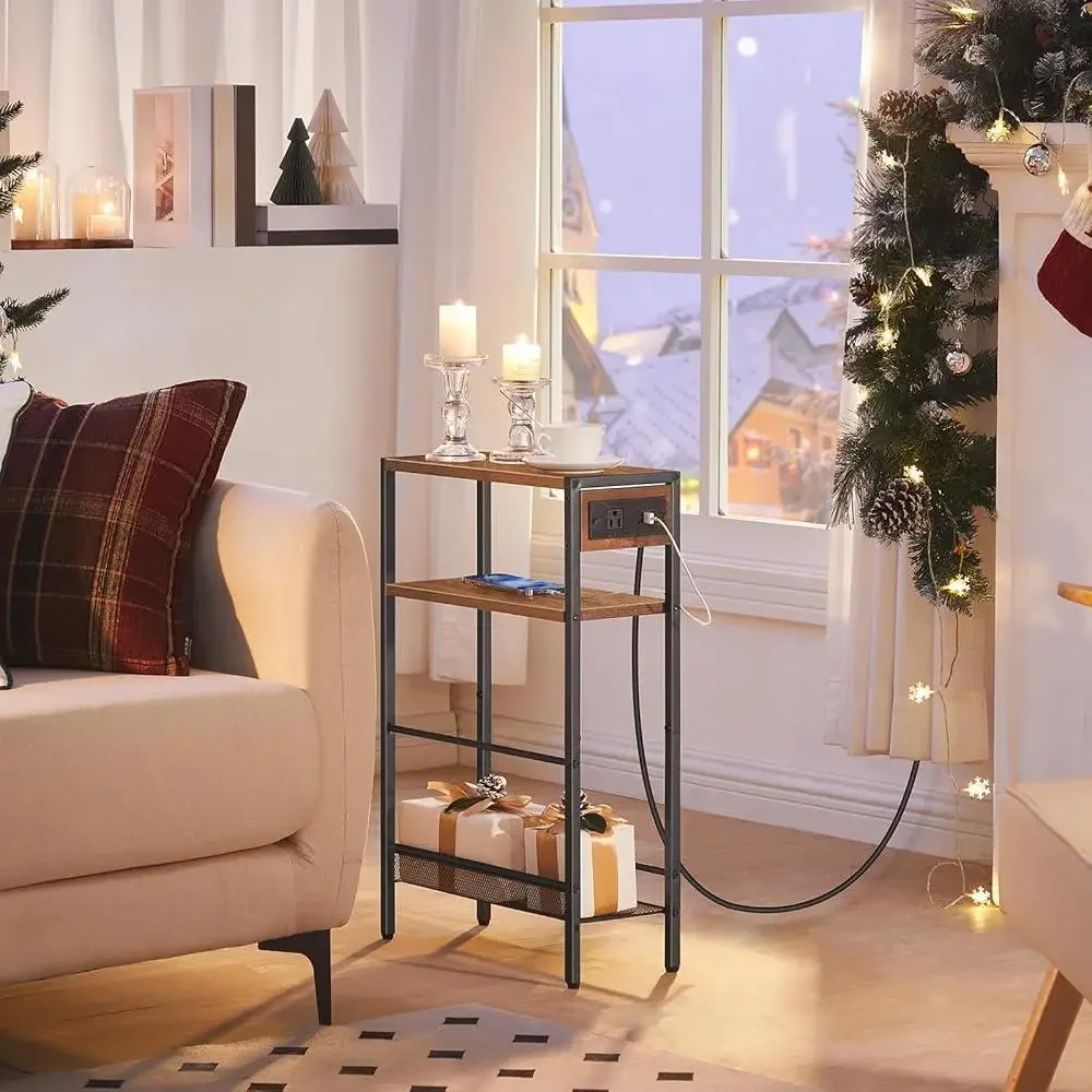 Slim Side Table with Charging Station USB Ports Compact Nightstand Small Spaces End Table with Shelves Sofa Bedroom Office 3