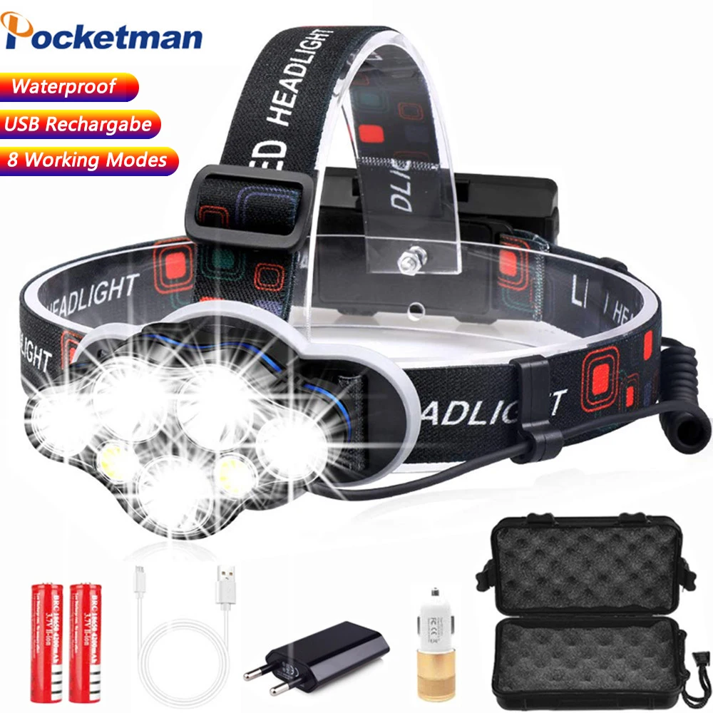 

Most Powerful led headlamp USB Rechargeable Head Lamp 7 LED Headlight Head flashlight Waterproof Flashlight head torch Lanter