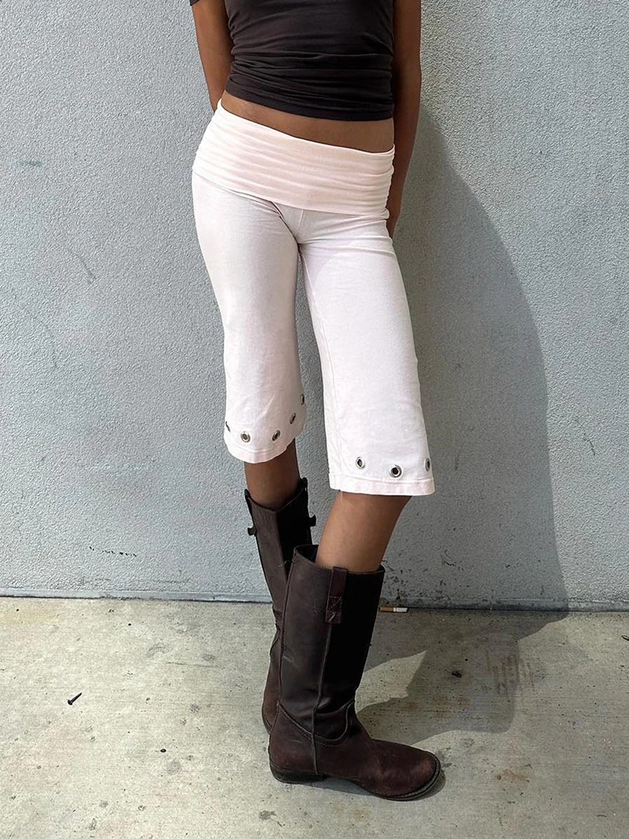 Women Capris Pants Summer Elastic Waist Solid Color Eyelets Casual Short Trousers Streetwear for Daily - 4