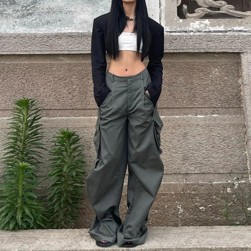

Army Green Low Rise Parachute Pants Women Cyber Y2K Vintage Pockets Cargo Trousers Oversize Wide Leg Joggers Edgy Style
