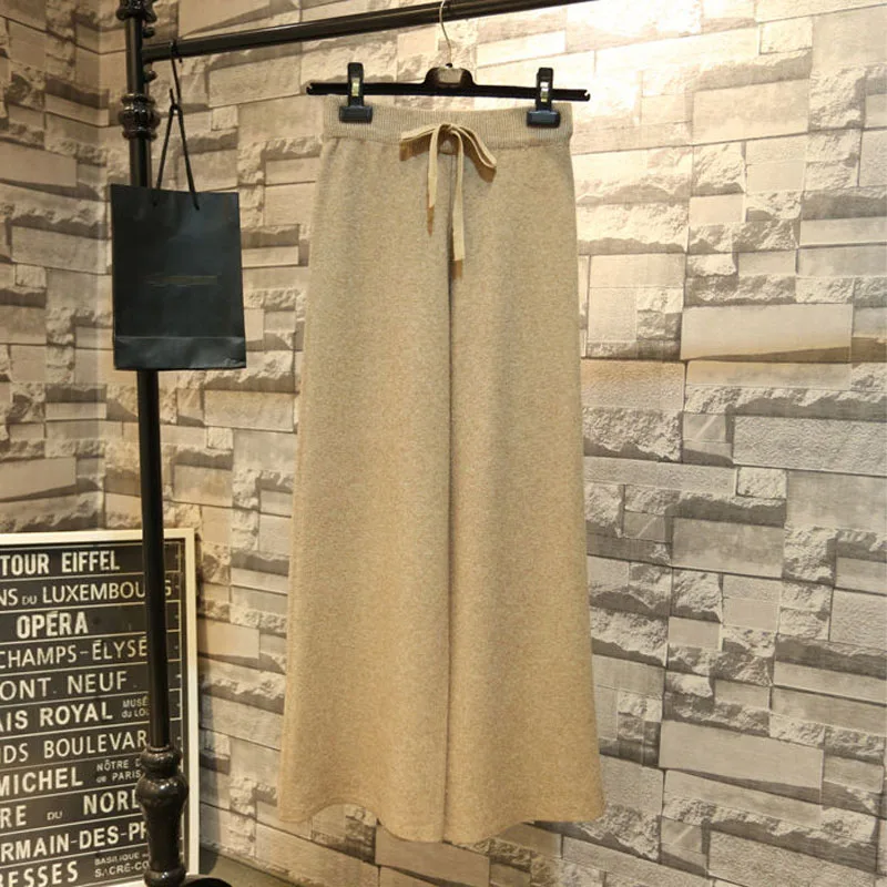 Fashion All-match High Waist Wide Leg Knitted Pants Autumn Winter Women's Clothing Simplicity Elastic Drawstring Solid Trousers
