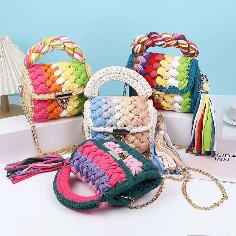 Bolso De Mano Tejido Verano Playa Trapezoidal Pequeña Cadena Bolso De