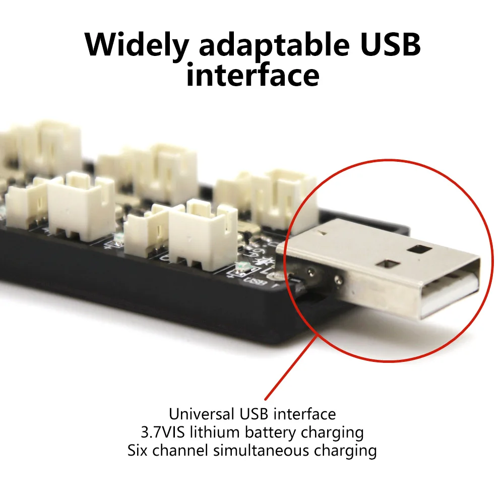 Chargeur multiport 6 canaux pour batteries Lithium LiPo - USB 5V 3A, face avant avec logo et spécifications.